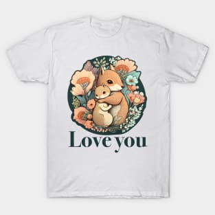 Mother and Baby Squirrel Embracing in Flowers Garden Love you T-Shirt